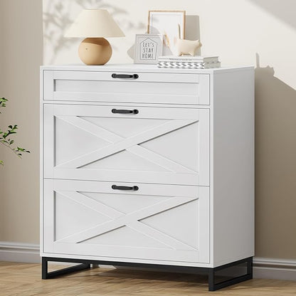 File Cabinet 3 Drawers Lateral File Cabinet for Letter/Legal/A4 Size Hanging Files, Large Wood File Storage Cabinets Printer Stand for Home Office, White and Black