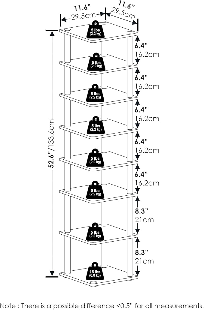 Furinno Turn-N-Tube Vertical Shoe Rack, 8-Tier Narrow Shoe Organizer, Free Standing Shoe Storage, Shoe Shelf for Boots, Sneakers, 11.6 x 11.6 x 52.6, for Closet, Entryway, Office, Garage, Espresso