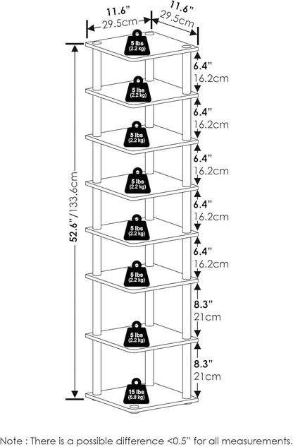 Furinno Turn-N-Tube Vertical Shoe Rack, 8-Tier Narrow Shoe Organizer, Free Standing Shoe Storage, Shoe Shelf for Boots, Sneakers, 11.6 x 11.6 x 52.6, for Closet, Entryway, Office, Garage, Espresso