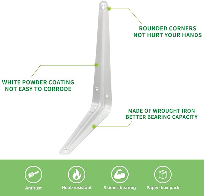 Shelf Brackets 8 Inch, 20 Pack White Metal Heavy Duty L Adjustable Floating Shelves Bracket, 8 x 6 Inch Industrial Pipe Decorative Shelf Angle Bracket for Wall with Screws