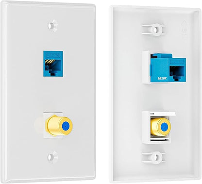Iwillink 10Gbps Ethernet Wall Plate CAT6A, 2-Port Keystone Wall Plate and Jack Outlet, COAX Wall Plates with Single Gang Low Voltage Mounting Bracket - 2 Pack