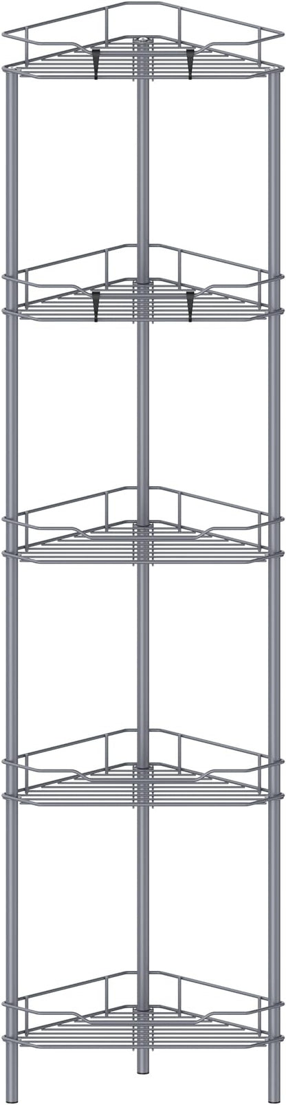 5 Tier Floor Standing Corner Shower Caddy Organizer Shelf with Hooks, Bathroom Shelves Stand Rack, Dark Gray