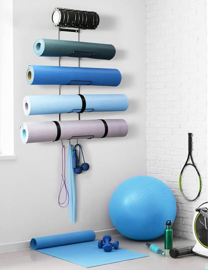 5-Tiers Yoga Mat Holder Wall Mount, Metal Storage Rack for Yoga Mat/Wheels, Foam Roller and Block etcs, Wall Rack Organizer with 3-Hooks for Hanging Stretching Strap & Resistance Bands（2 Pack）