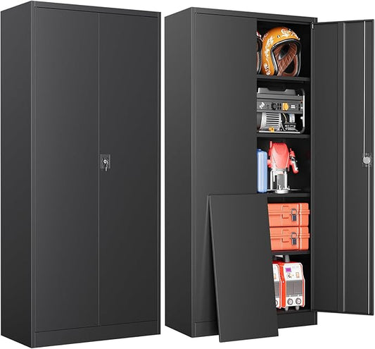 Metal Garage Storage Cabinets with Lock, 72" Tall Tool Cabinet with 2 Door and 4 Adjustable Shelves, Locking Garage Cabinets and Lockable Steel Locker for Home Office Warehouse - (Black-72”H)
