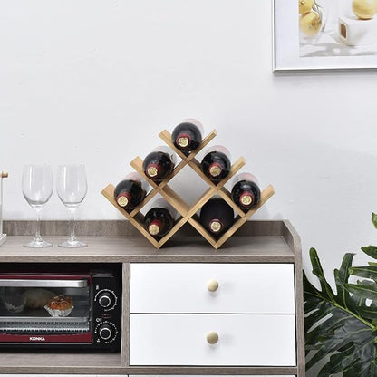 KIRIGEN Wooden 8-Bottle Wine Rack - 3-Tier Wood Wine Display Rack/Standing and Countertop Wine Storage Shelf - Bottle Holder/Cabinet Glass Rack Natural XHJJ3-NA