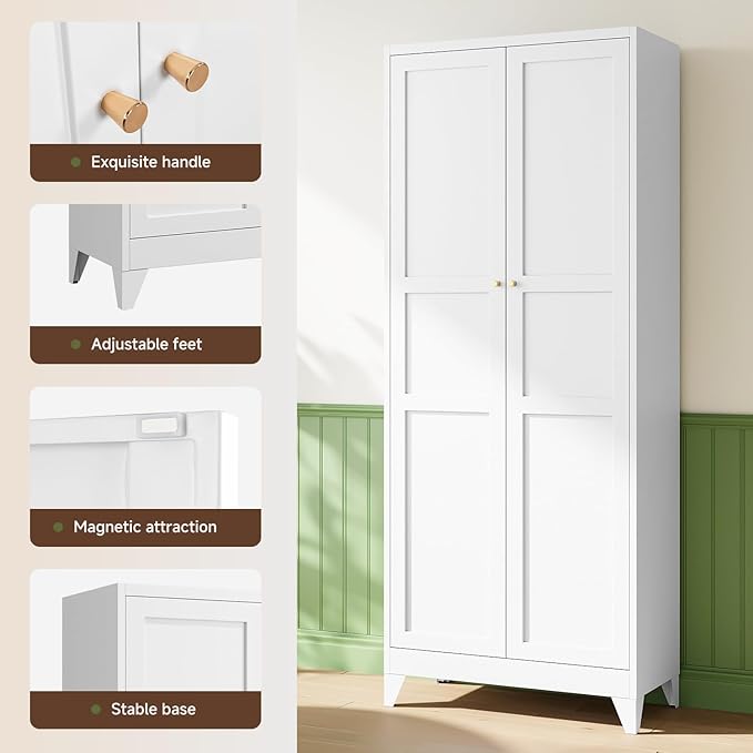 Letaya 75" H Metal Storage Cabinet with 2 Doors and 4 Shelves,Tall Kitchen Pantry Cabinets,Farmhouse Utility Pantry Organizers for Cupboard/Dining/Bathroom/Home Office/Garage Room,White