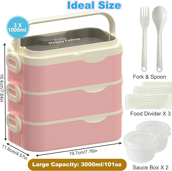 Bento Box Adult Lunch Box, Stackable 3 Layers Large Capacity Lunch Containers, Microwave and Dishwasher Safe Food Grade Containers with Utensils, Dividers and Sauce Boxes for Men, Women, Kids
