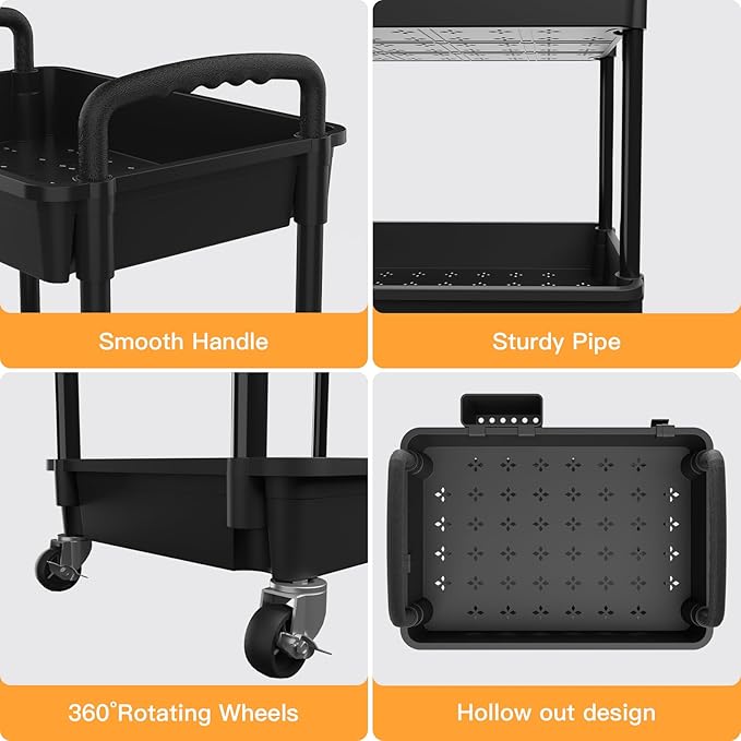 5 Tier Rolling Utility Cart with Handle,REBECAT Utility Cart Made of Multifunctional Storage Organizer Tool for Kitchen,Bathroom,Living Room,Office(Black)