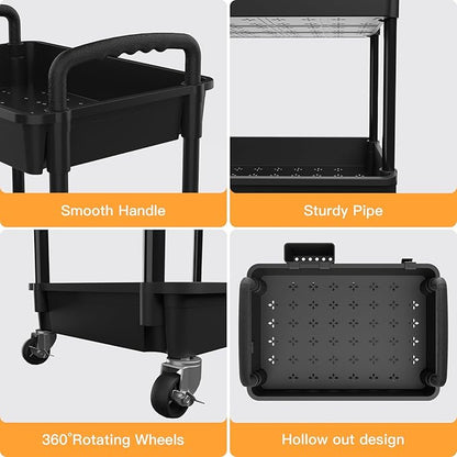 5 Tier Rolling Utility Cart with Handle,REBECAT Utility Cart Made of Multifunctional Storage Organizer Tool for Kitchen,Bathroom,Living Room,Office(Black)