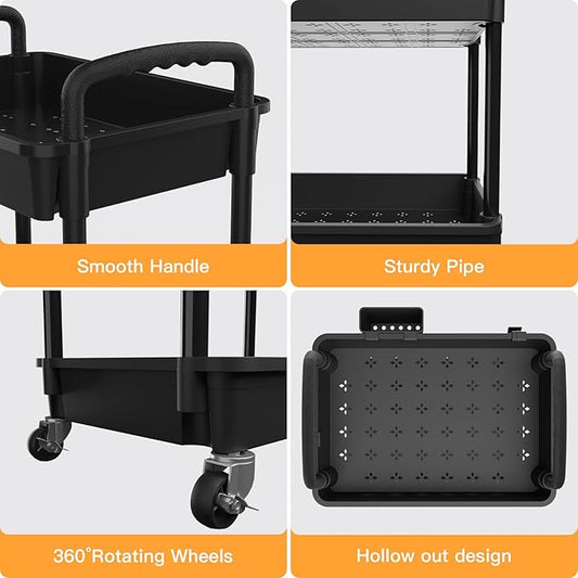 5 Tier Rolling Utility Cart with Handle,REBECAT Utility Cart Made of Multifunctional Storage Organizer Tool for Kitchen,Bathroom,Living Room,Office(Black)