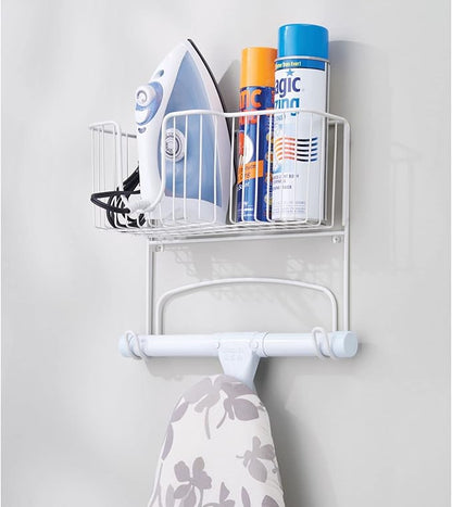 mDesign Wall Mounted Ironing Board Holder - Steel Ironing Board Rack for Easy Organisation - Includes Basket for Iron Storage - White
