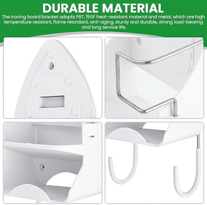 Iron Board Hanger Wall Mount Electric Iron Holder Ironing Board Holder Wall Mount Room Storage Iron and Ironing Board Storage Organizer Shelf with Removable Hooks