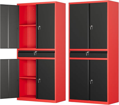 Metal Garage Storage Cabinet with Locking Doors and Drawer, 71" Steel Tool Storage Cabinet with Adjustable Shelves for Garage,Office,Warehouse (Red Black)