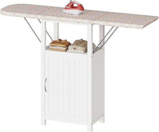 Ironing Board with Storage Cabinet, Folding Ironing Board with Extra Storage, Solid Wood Fold Down Ironing Station with Heat-Resistant Sponge for Small Spaces, Laundry Room (Antique White)