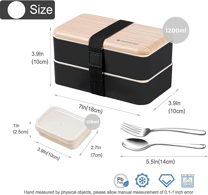 Original Bento Box Lunch Box Japanese Style 2 Layer Food Containers with Utensils Spoon and Fork Bundle Divider Salad Box for Men Women (Black)