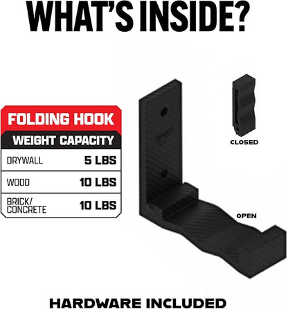 Smart T Folding Wall Hook | Hook for Garage Organization, Heavy Duty, Durable, Space Saving Tool Holder - Wall Mount or Shelving Hooks