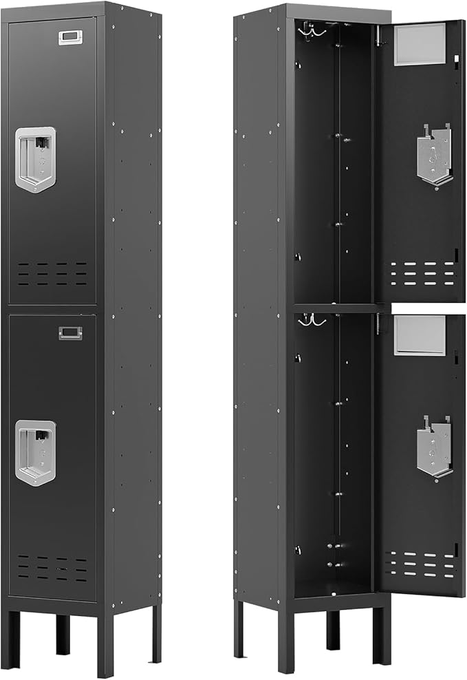 Metal Storage Locker with Lock & Card Slot Locker - Secure Lockable Door - Steel Locker for School, Office, Gym, Home - 66.15" H x 11.8" W x 11.8" D（2 Door, Black）
