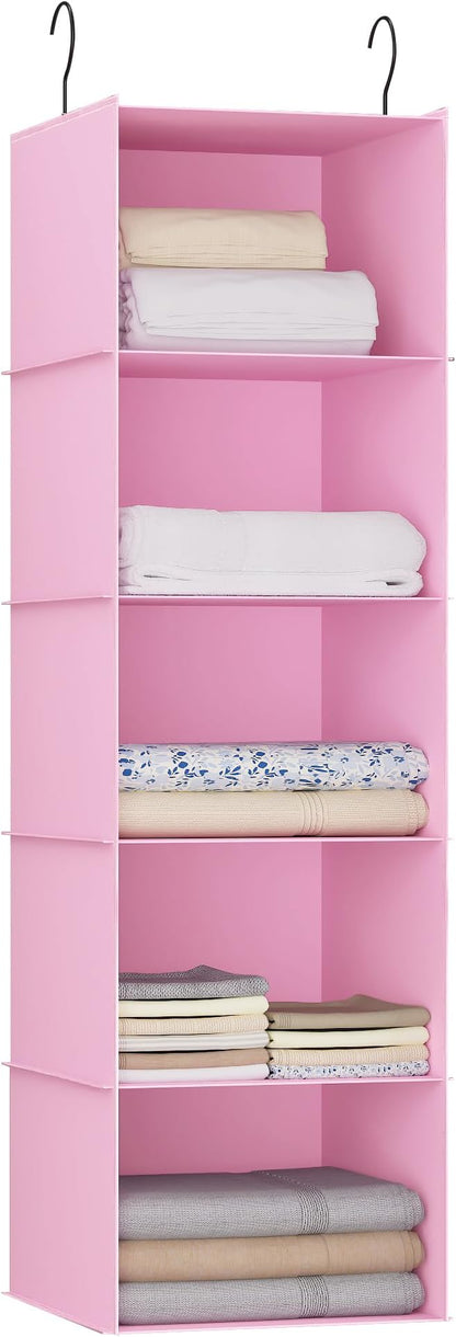 Hanging Closet Organizer, Easy Mount Foldable 5-Shelf Hanging Closet Wardrobe Storage Shelves, Clothes Handbag Shoes Accessories Storage, Washable Oxford Cloth Fabric, Pink