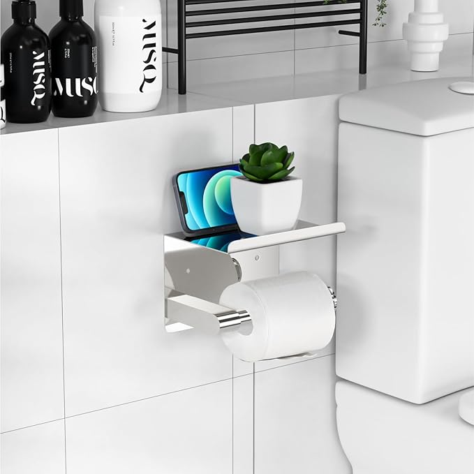 Chrome Toilet Paper Holder Wall Mount, Fits Mega Rolls Size Sliver Toilet Paper Holder with Shelf, Rustproof Stainless Steel Toilet Roll Holder, Self Adhesive Toilet Paper Holders Chrome