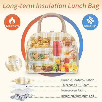 Coobiiya Lunch Bag Lunch Box for Women Men, Cute Corduroy Lunch Tote Bags Insulated Reusable LunchBox Large Capacity Cooler Bag for Work Travel Picnic