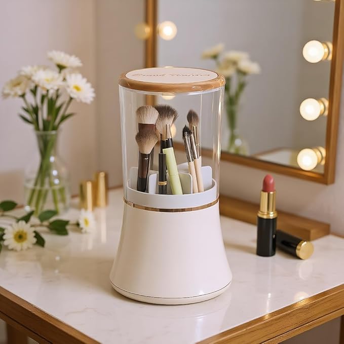 Exquisite makeup brush organizer, Makeup Brush Holder with Lid, Cosmetic Tools Storage Organizer for Vanity Desktop Bathroom Countertop ( White )