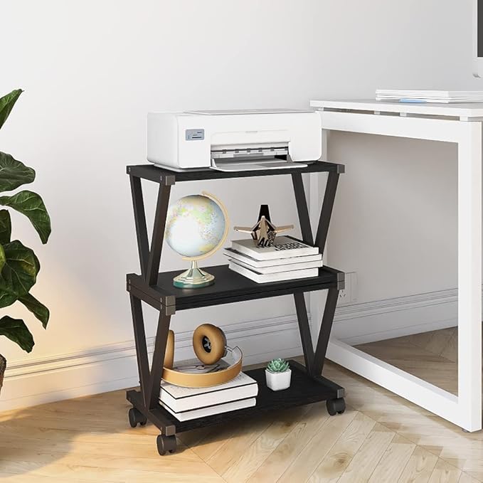 VEDECASA Retro Desktop Printer Stand 2 Double Tiers Wood Printer Shelf Modern Wood Storage Book Shelf Organizor for Home Office Stylish Sturdy V Shaped (Black)