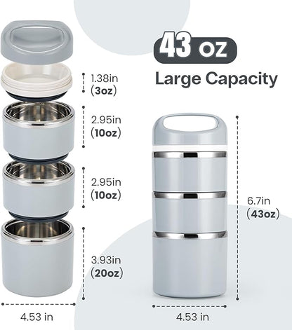 Lille Home Stackable Stainless Steel Lunch Containers, 43OZ Capacity 3 Layers Leakproof Bento Box for Adult, Portable Lunch Box for Women, Man, Travel, Office with Lunch Bag (Gray.Pro)