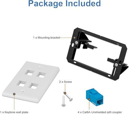 Iwillink 10Gbps Ethernet Wall Plate CAT6A, 4-Port Keystone Wall Plate and Jack Outlet, RJ45 Wall Plates with Single Gang Low Voltage Mounting Bracket - 1 Pack