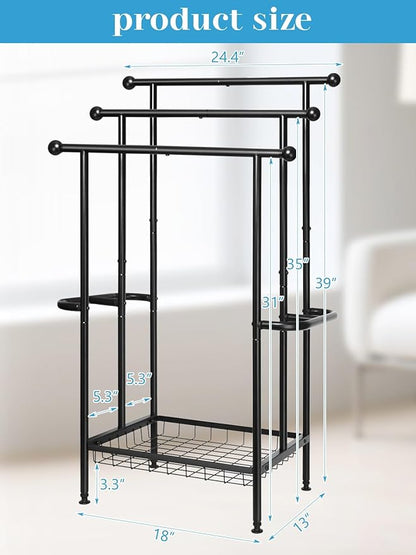 Haturi Free Standing Towel Rack for Bathroom, 3-Tier 39" H Black Metal Towel Drying Rack with Storage Basket, 24.4" L x 13" W x 39" H Rust-Resistant Outdoor Holder for Pool & Oversized Towels