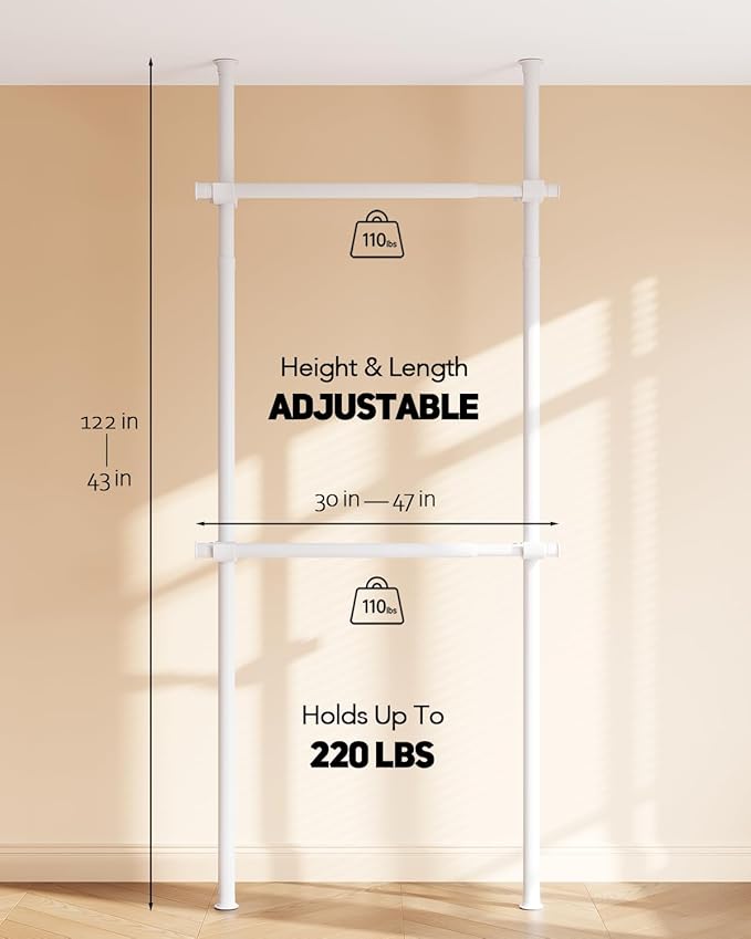 Floor to Ceiling Clothes Rack, Heavy-Duty Telescopic Garment Rack, 43–122in Height & 30–47in Width, 220lbs Total Load Capacity, 2-Pole, White