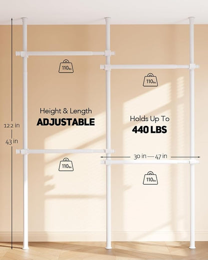 Floor to Ceiling Clothes Rack, Heavy-Duty Telescopic Garment Rack, 43–122in Height & 30–47in Width, 220lbs Total Load Capacity, 4-Pole, White