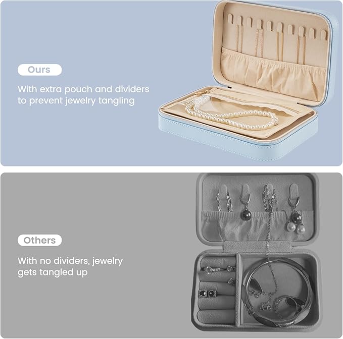 Lolalet Travel Jewelry Case for Women Girls, Travel Jewelry Organizer Box with Mirror & Clear Storage Bag, Small Portable Earring Necklace Bracelet Ring Case, Birthday Valentine Gifts -Medium, Blue