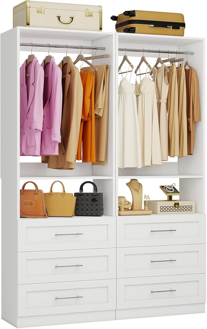 Closet System with 2 Sets, 4FT-10FT Customizable Closet Organizer System with 6 Wooden Drawers & 2 Shelves, Walk-in Closet or Freestanding Tower Closet Storage System with 4 Hanging Rods, White