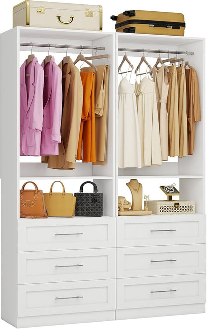 Closet System with 2 Sets, 4FT-10FT Customizable Closet Organizer System with 6 Wooden Drawers & 2 Shelves, Walk-in Closet or Freestanding Tower Closet Storage System with 4 Hanging Rods, White