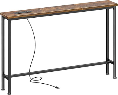SUPERJARE 5.7 Inch Console Table with Outlet, Sofa Table, Behind Couch Table, 5.7 x 39.4 x 29.7 Inches, Metal Frame, for Living Room, Hallway, Rustic Brown