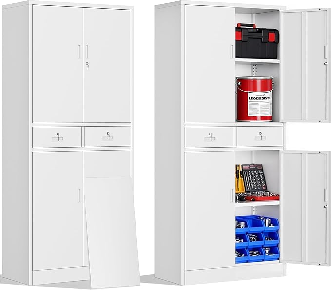 Metal Storage Cabinet with 2 Drawers 71" H,White Metal Garage Cabinets with 2 Lockable Doors and Adjustable Shelves Easy to Assemble for Home Office, Kitchen,Pantry,Garage,Warehouse