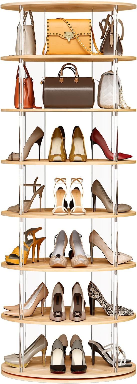 7-Tier Rotating Shoe Rack, 360 Degree Spinning Shoe Rack Tower, Lazy Susan Storage Tower Made of Acrylic and Wood, Round Rotating Organizer Shelf for Closet, Entryway and Bedroom