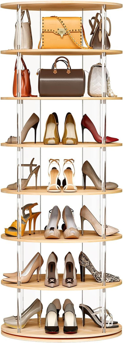 7-Tier Rotating Shoe Rack, 360 Degree Spinning Shoe Rack Tower, Lazy Susan Storage Tower Made of Acrylic and Wood, Round Rotating Organizer Shelf for Closet, Entryway and Bedroom