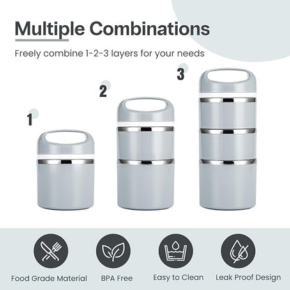 Lille Home Stackable Stainless Steel Lunch Containers, 43OZ Capacity 3 Layers Leakproof Bento Box for Adult, Portable Lunch Box for Women, Man, Travel, Office with Lunch Bag (Gray.Pro)