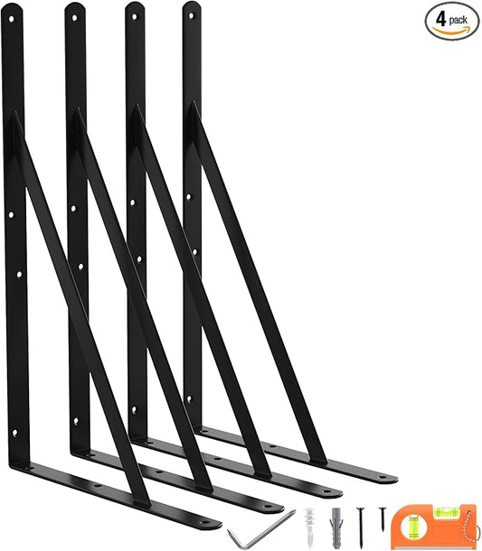4-Pack 18 Inch Heavy Duty Shelf Brackets, Large Floating Wall Bracket for Garage Storage Shelves, Black Powder-Coated Finish, Load Capacity 800lbs