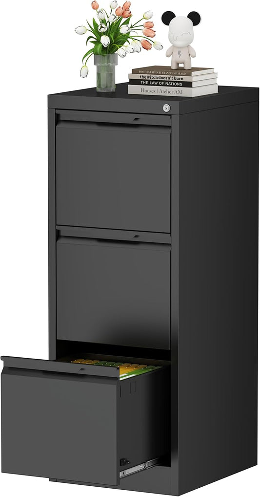 3 Drawer File Cabinet, Metal Filing Cabinets for Home Office, Black Vertical File Cabinet with Lock for Letter/Legal/A4/F4 Size, Assemble Required