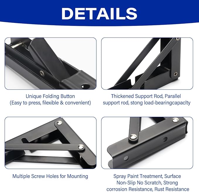Folding Shelf Brackets Max. Load 580 lb, 10 Inch Black Collapsible Heavy Duty Brackets for Table Bench - Space Saving, 2 Pack