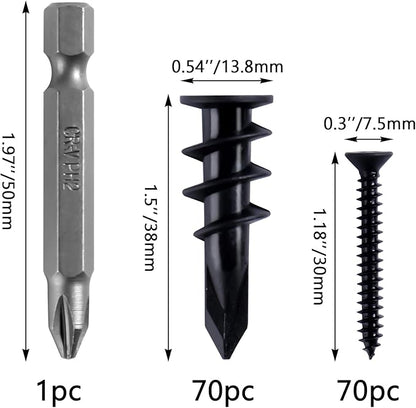 KURUI 140PCs Black Self Drilling Drywall Anchors, #8 Dry Wall Anchors and Flat Head Screws Kit, 70 Anchors + 70 Screws, 75LB Heavy Duty Hanging for Picture Frames Wall Decor Art, Sheetrock Hangers