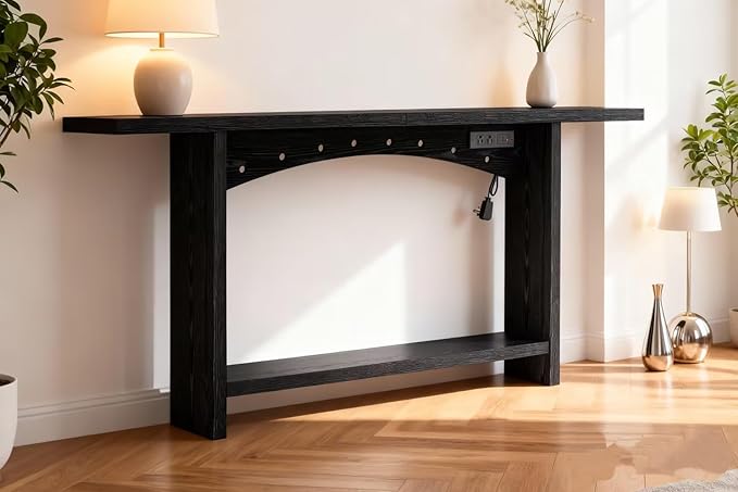 71" Console Table with Charging Station, Farmhouse Entryway Table, Entryway Table with Storage for Living Room or Foyer, Sofa Table for Hallway with Anti-Tip, Easy Assembly, Black