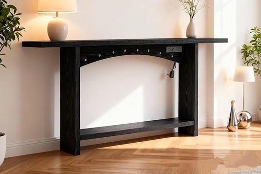 71" Console Table with Charging Station, Farmhouse Entryway Table, Entryway Table with Storage for Living Room or Foyer, Sofa Table for Hallway with Anti-Tip, Easy Assembly, Black
