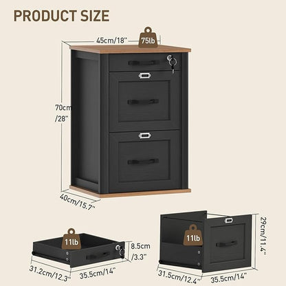 3 Drawer File Cabinet with Lock, Wooden Farmhouse Filing Cabinet with Storage Fits Letter and A4 Size, Vertical Printer Stand for Home Office, Rustic Brown and Black