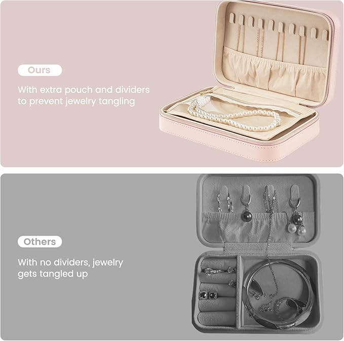 Lolalet Travel Jewelry Case for Women Girls, Travel Jewelry Organizer Box with Mirror & Clear Storage Bag, Small Portable Earring Necklace Bracelet Ring Case, Birthday Valentine Gifts -Medium, Pink
