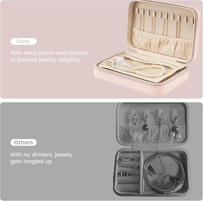Lolalet Travel Jewelry Case for Women Girls, Travel Jewelry Organizer Box with Mirror & Clear Storage Bag, Small Portable Earring Necklace Bracelet Ring Case, Birthday Valentine Gifts -Medium, Pink