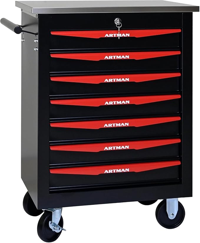 7-Drawer Rolling Tool Chest with Stainless Steel Countertop,Tool Chest with Secure Locking System,Mobile Storage Tool Cabinet with 360°Wheels and Padded Feet,for Home,Garage (Black+Red)