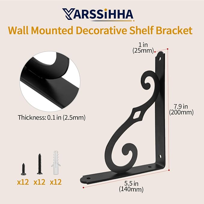 Yarssihha 8 Inch Decorative Shelf Brackets, 6 Pack Wall Mounted Metal Shelving Brackets, Heavy Duty Shelf Supports, Rustic L Shape Brackets for Floating Shelves DIY Home Kitchen, with Screws